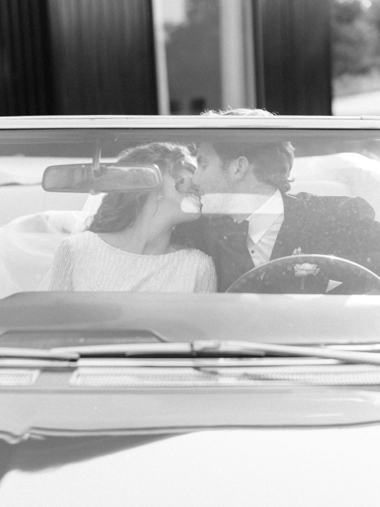 vintage wedding photos in a car